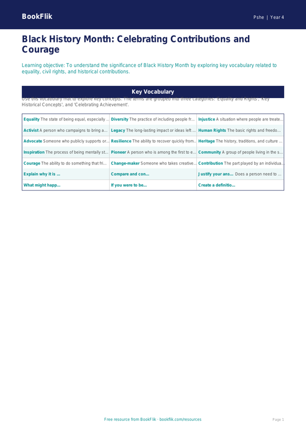 Free Black History Month Word Mat | Grade 3 | Health & Wellness | BookFlik worksheet preview — Pshe Black History Month