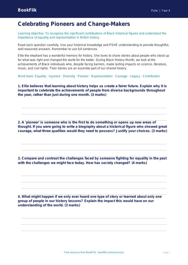 Free Black History Month Worksheet | Grade 3 | Health & Wellness | BookFlik worksheet preview — Pshe Black History Month