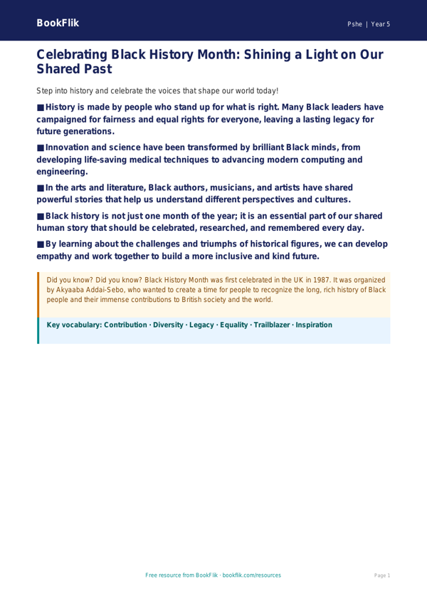 Free Black History Month Poster | Grade 4 | Health & Wellness | BookFlik worksheet preview — Pshe Black History Month