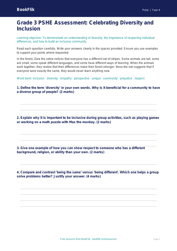 Free Diversity And Inclusion Assessment | Grade 3 | Health & Wellness | BookFlik worksheet preview — Pshe Diversity And Inclusion