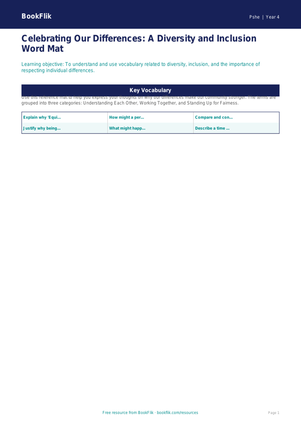 Free Diversity And Inclusion Word Mat | Grade 3 | Health & Wellness | BookFlik worksheet preview — Pshe Diversity And Inclusion