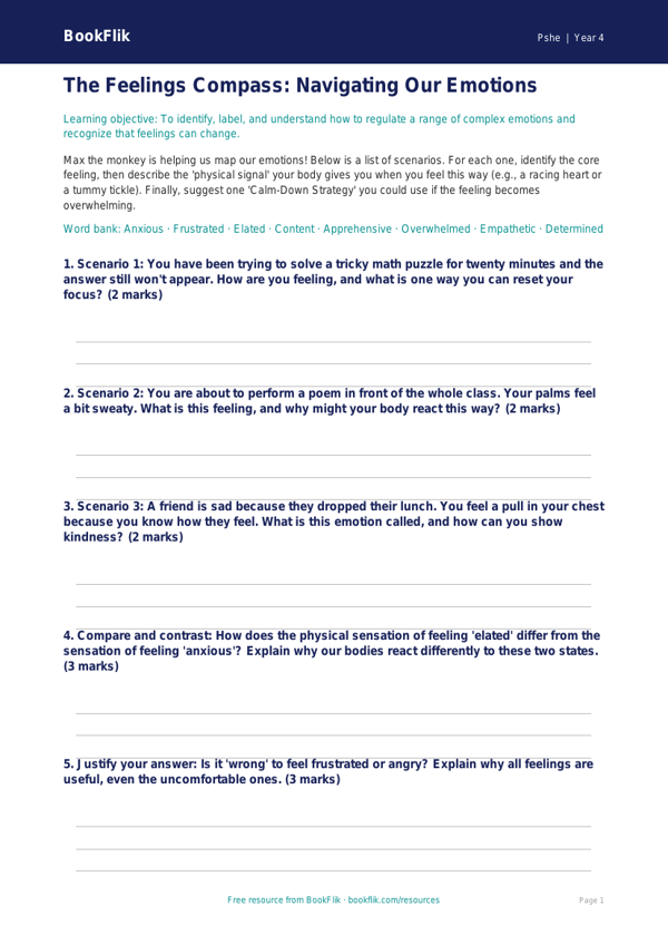 Free Feelings Activity Sheet | Grade 3 | Health & Wellness | BookFlik worksheet preview — Pshe Feelings