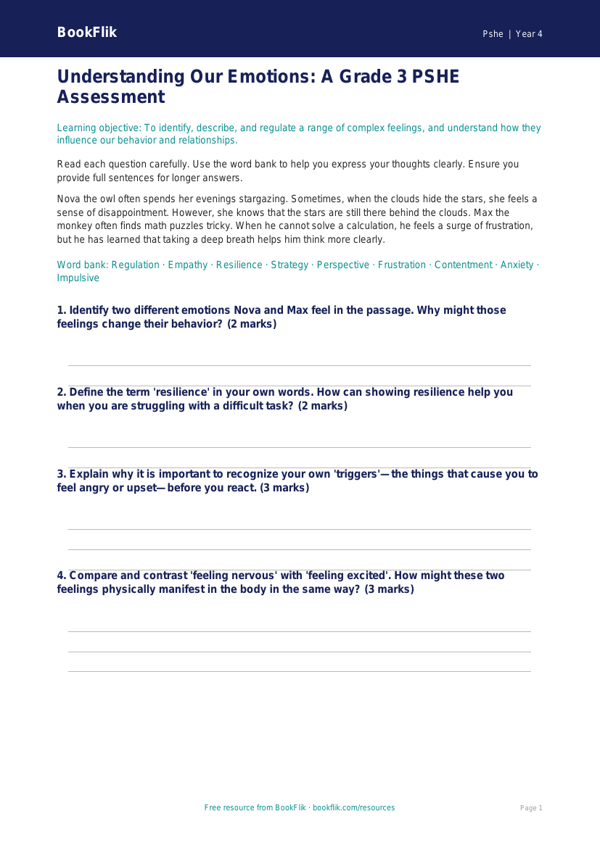 Free Feelings Assessment | Grade 3 | Health & Wellness | BookFlik worksheet preview — Pshe Feelings