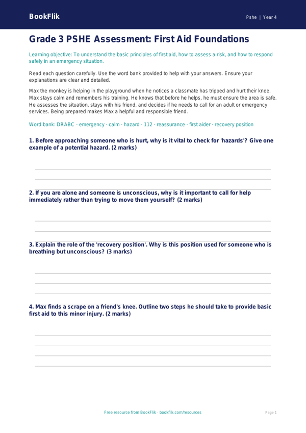 First Aid Assessment for Grade 3 | Health & Safety Worksheet | BookFlik worksheet preview — Pshe First Aid