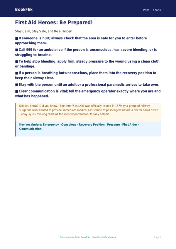 Free First Aid Poster | Grade 3 | Health & Wellness | BookFlik worksheet preview — Pshe First Aid