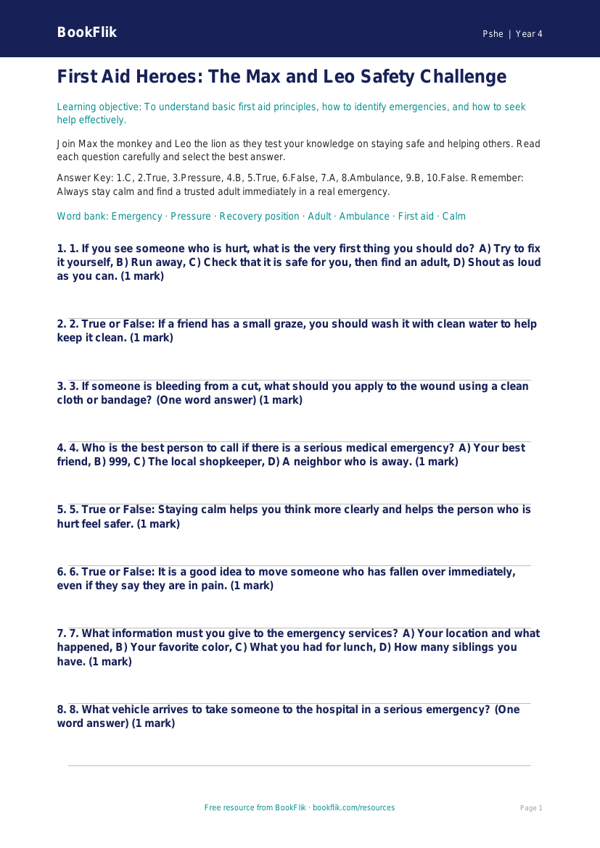 First Aid Quiz for Grade 3 | Health & Wellness | BookFlik worksheet preview — Pshe First Aid