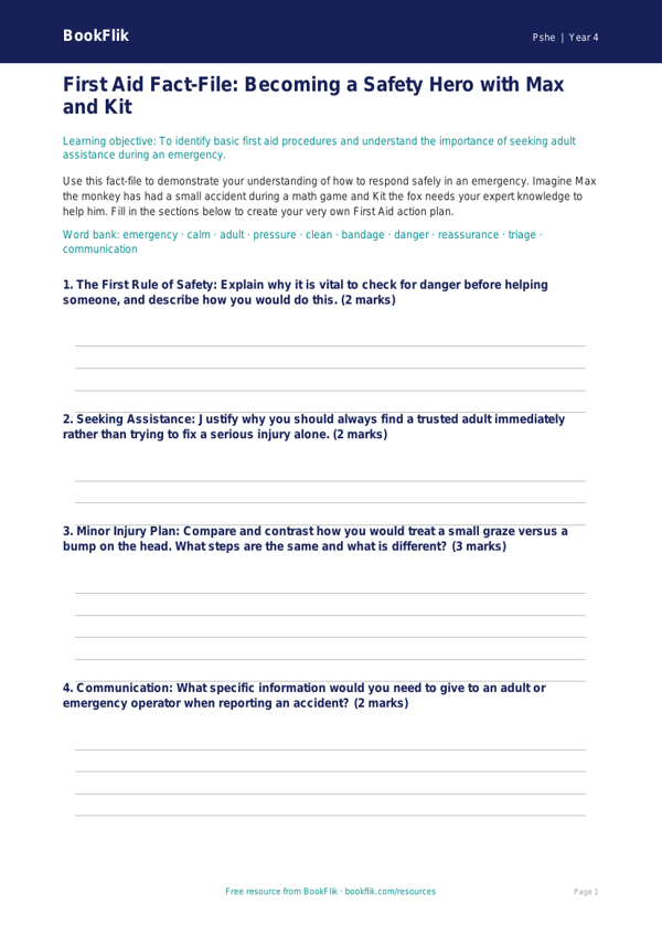 First Aid Kit Essentials: Grade 3 Health Lesson | BookFlik worksheet preview — Pshe First Aid