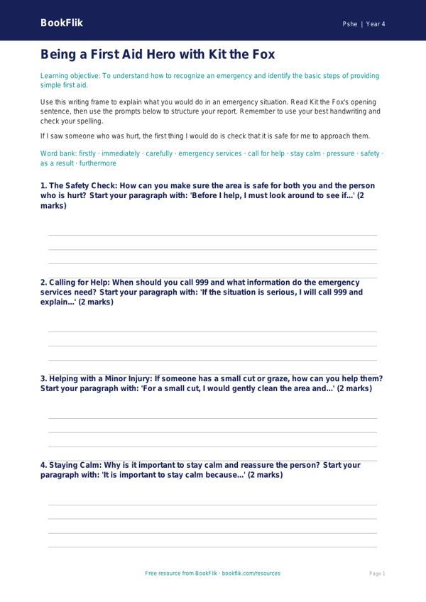 Free First Aid Writing Frame | Grade 3 | Health & Wellness | BookFlik worksheet preview — Pshe First Aid