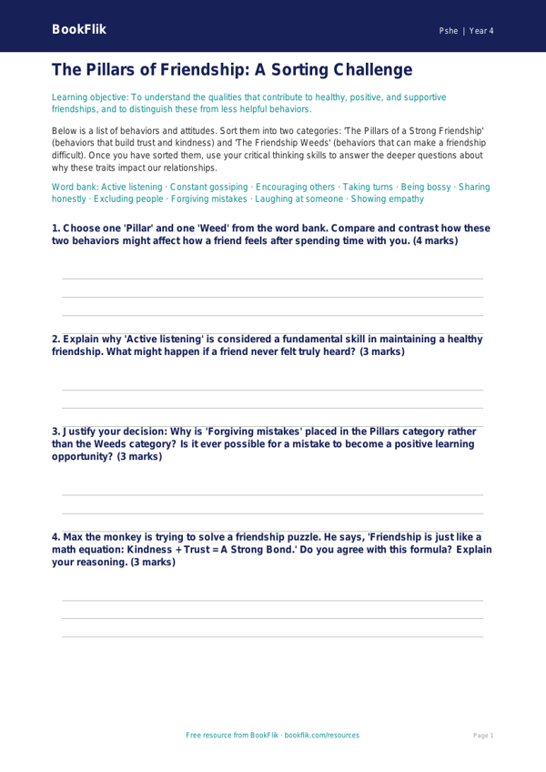 Free Friendship Activity Sheet | Grade 3 | Health & Wellness | BookFlik worksheet preview — Pshe Friendship