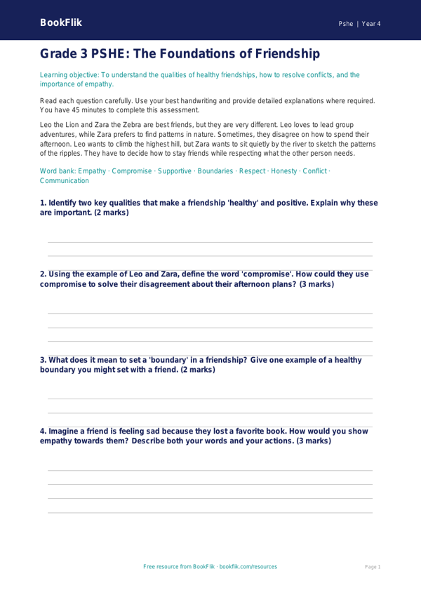 Free Friendship Assessment | Grade 3 | Health & Wellness | BookFlik worksheet preview — Pshe Friendship