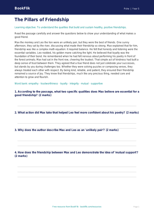 Free Friendship Comprehension | Grade 4 | Health & Wellness | BookFlik worksheet preview — Pshe Friendship
