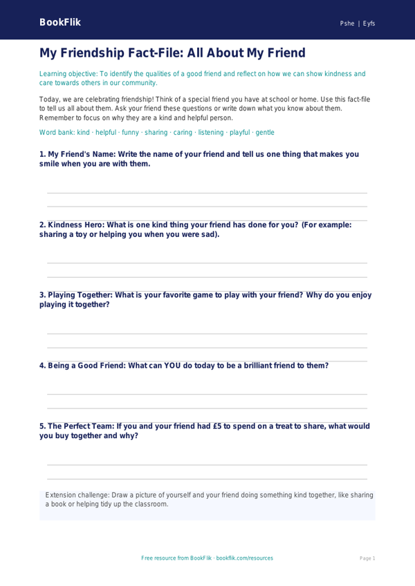 Free Friendship Template | Pre-K | Health & Wellness | BookFlik worksheet preview — Pshe Friendship