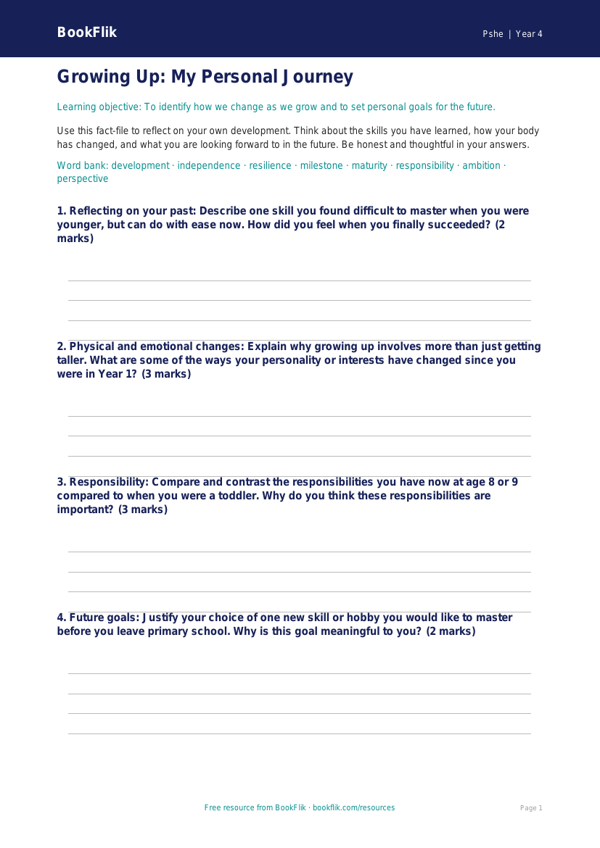 Growing Up Template for Grade 3 | Health & Wellness | BookFlik worksheet preview — Pshe Growing Up