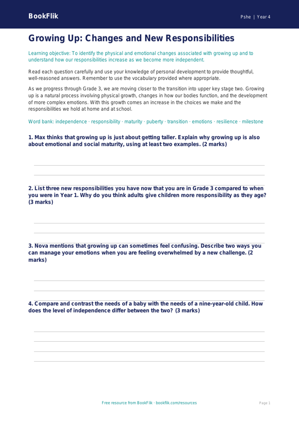 Free Growing Up Worksheet | Grade 3 | Health & Wellness | BookFlik worksheet preview — Pshe Growing Up