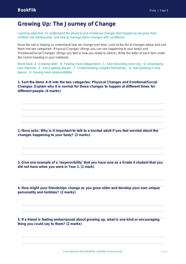 Free Growing Up Activity Sheet | Grade 4 | Health & Wellness | BookFlik worksheet preview — Pshe Growing Up