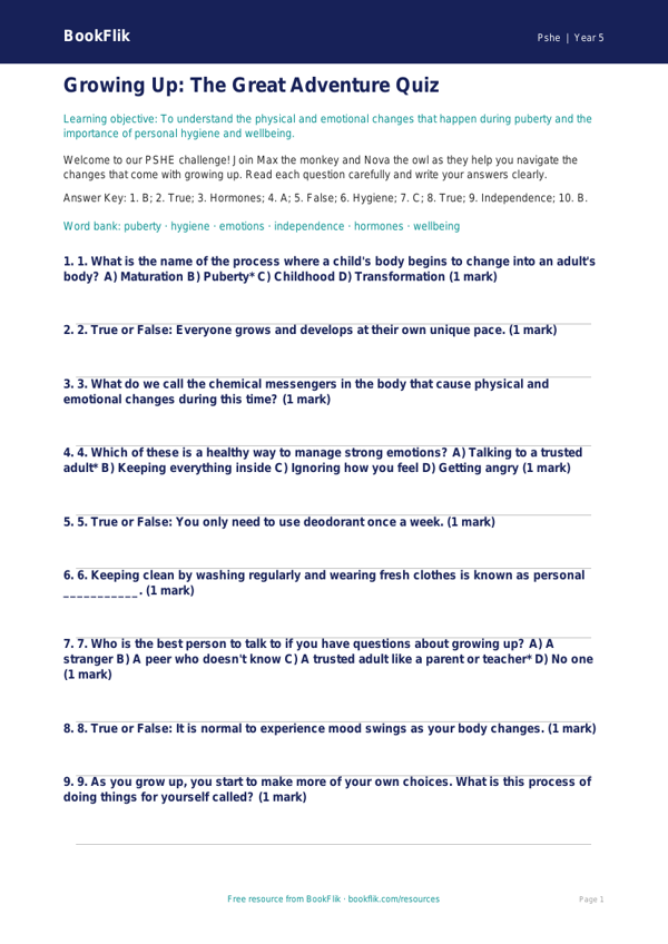Free Growing Up Quiz | Grade 4 | Health & Wellness | BookFlik worksheet preview — Pshe Growing Up