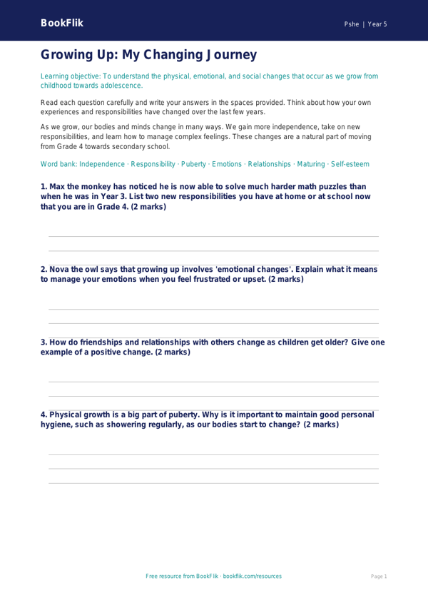 Free Growing Up Worksheet | Grade 4 | Health & Wellness | BookFlik worksheet preview — Pshe Growing Up