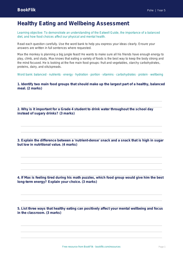 Free Healthy Eating Assessment | Grade 4 | Health & Wellness | BookFlik worksheet preview — Pshe Healthy Eating