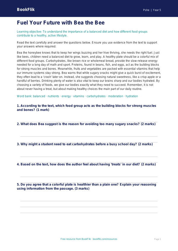 Free Healthy Eating Comprehension | Grade 4 | Health & Wellness | BookFlik worksheet preview — Pshe Healthy Eating