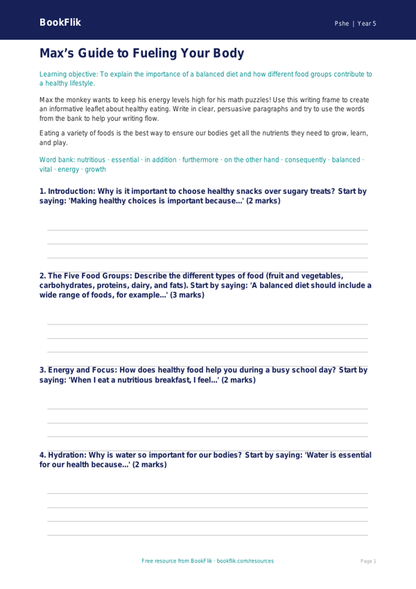 Free Healthy Eating Writing Frame | Grade 4 | Health & Wellness | BookFlik worksheet preview — Pshe Healthy Eating
