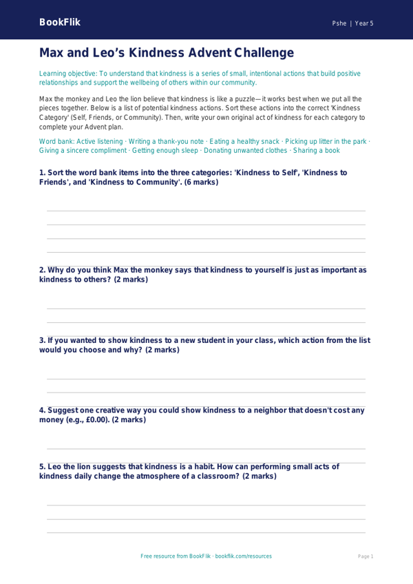 Free Kindness Advent Activity Sheet | Grade 4 | Health & Wellness | BookFlik worksheet preview — Pshe Kindness Advent