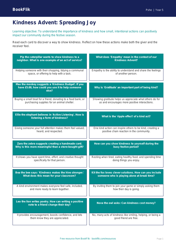 Free Kindness Advent Flashcards | Grade 4 | Health & Wellness | BookFlik worksheet preview — Pshe Kindness Advent