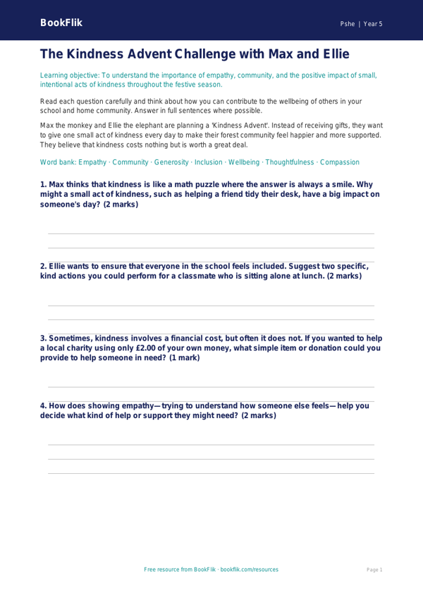 Free Kindness Advent Worksheet | Grade 4 | Health & Wellness | BookFlik worksheet preview — Pshe Kindness Advent