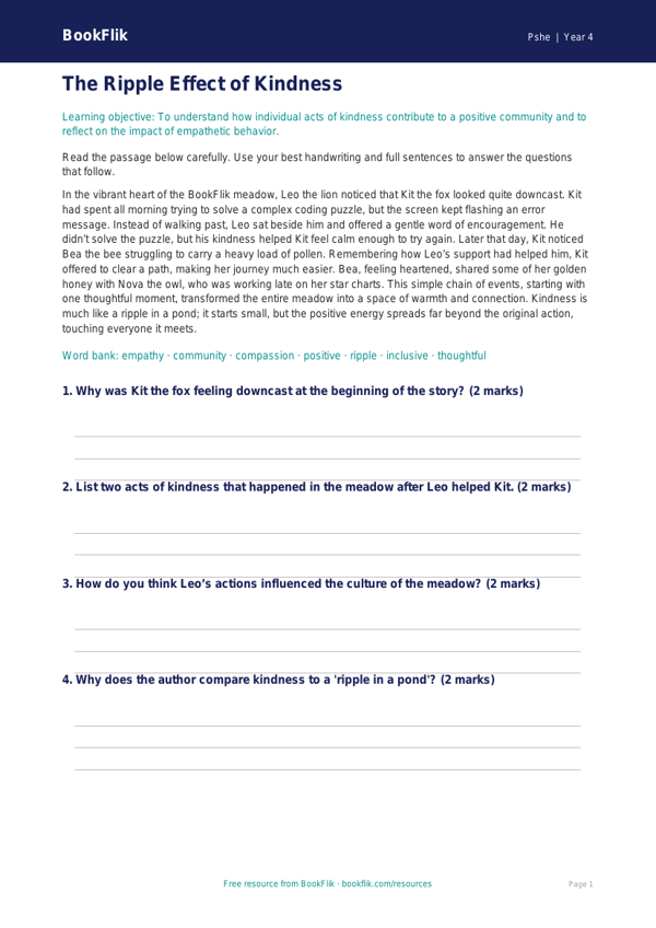 Free Kindness Comprehension | Grade 3 | Health & Wellness | BookFlik worksheet preview — Pshe Kindness