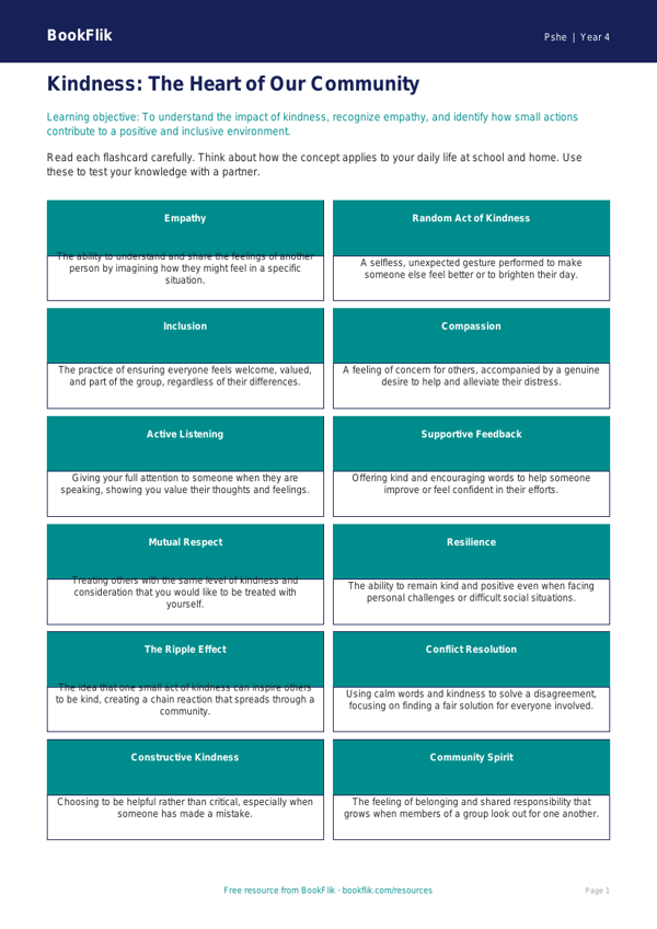 Free Kindness Flashcards | Grade 3 | Health & Wellness | BookFlik worksheet preview — Pshe Kindness