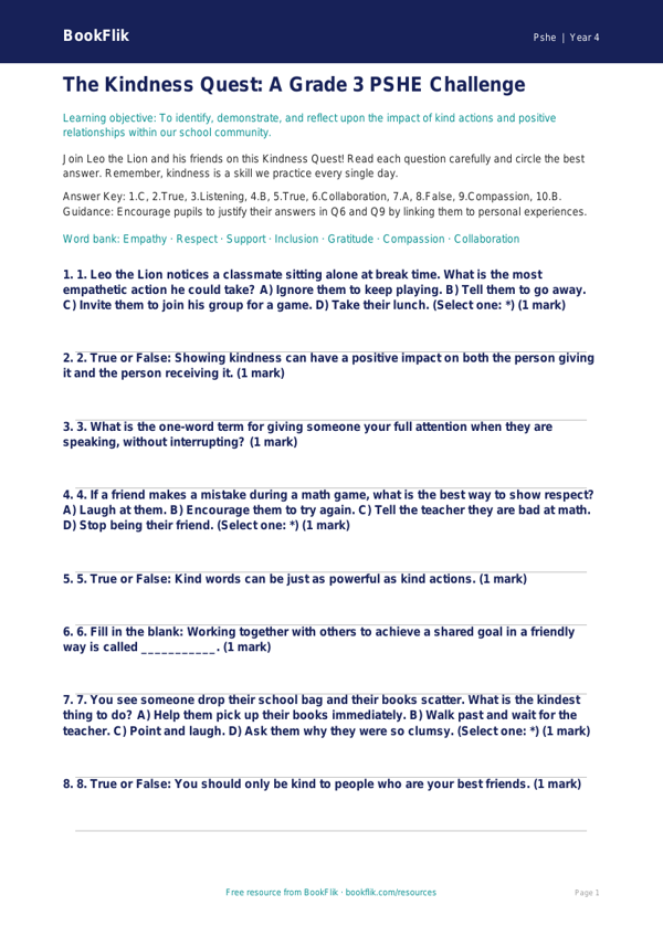 Free Kindness Quiz | Grade 3 | Health & Wellness | BookFlik worksheet preview — Pshe Kindness