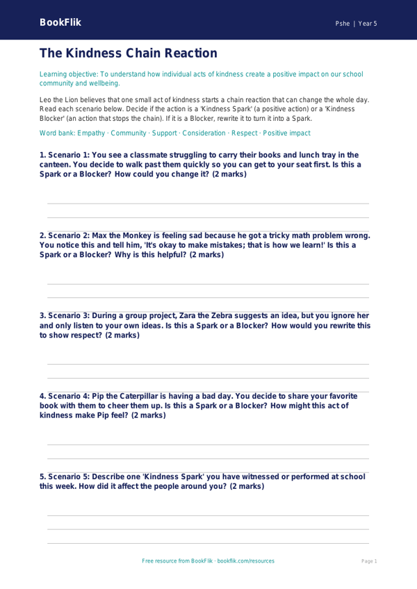 Free Kindness Activity Sheet | Grade 4 | Health & Wellness | BookFlik worksheet preview — Pshe Kindness