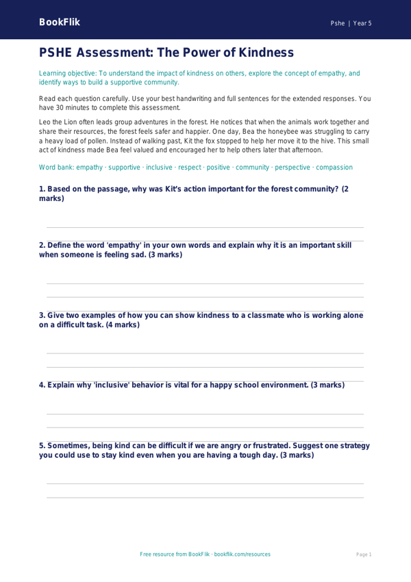 Free Kindness Assessment | Grade 4 | Health & Wellness | BookFlik worksheet preview — Pshe Kindness