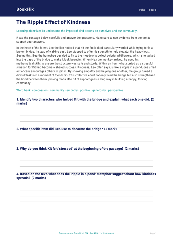 Free Kindness Comprehension | Grade 4 | Health & Wellness | BookFlik worksheet preview — Pshe Kindness