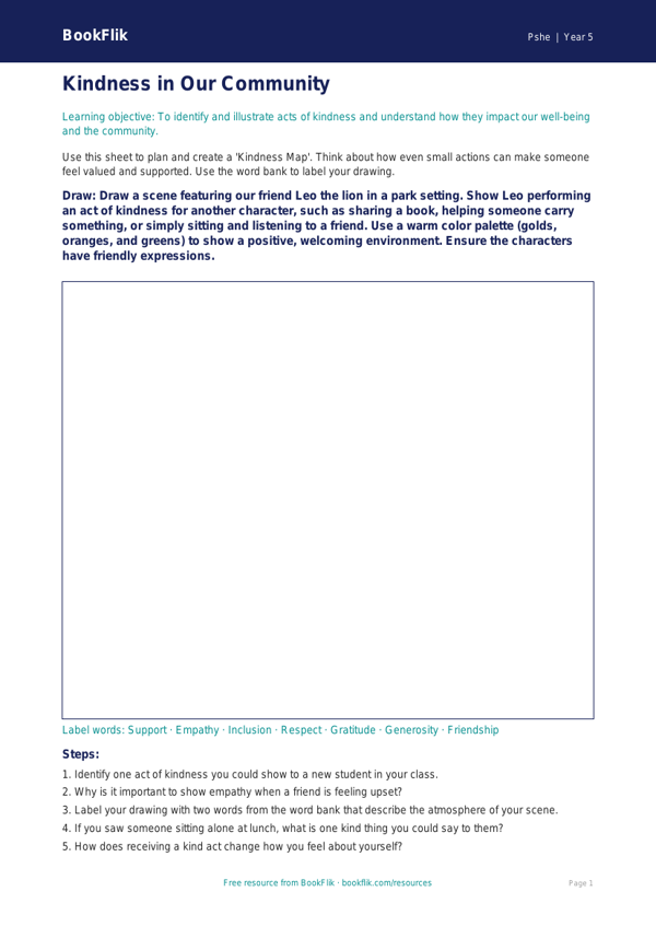 Free Kindness Drawing Sheet | Grade 4 | Health & Wellness | BookFlik worksheet preview — Pshe Kindness