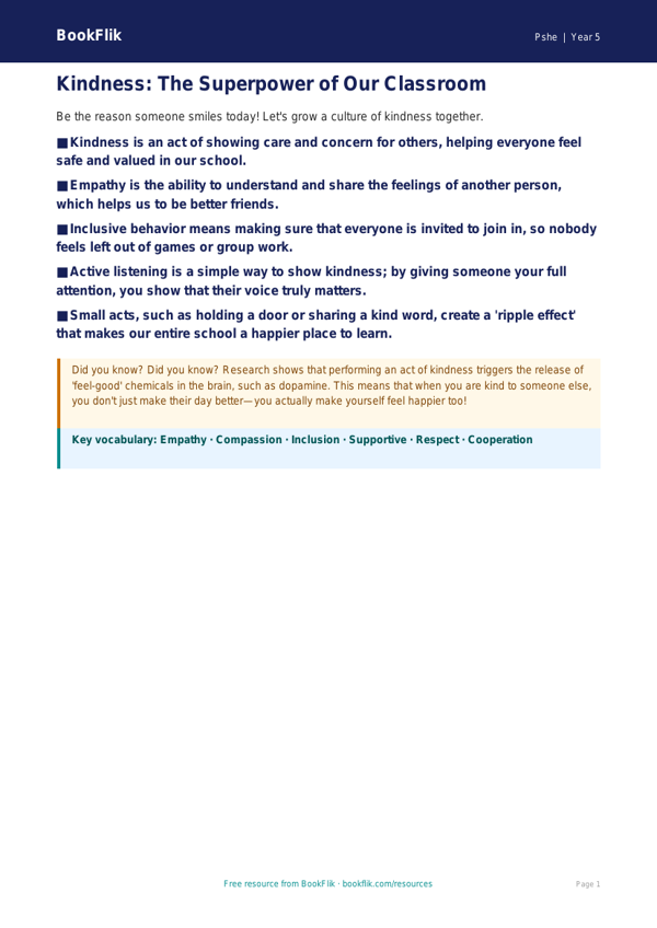 Free Kindness Poster | Grade 4 | Health & Wellness | BookFlik worksheet preview — Pshe Kindness