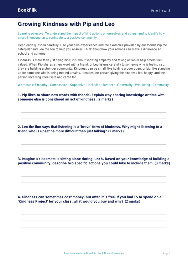 Free Kindness Worksheet | Grade 4 | Health & Wellness | BookFlik worksheet preview — Pshe Kindness