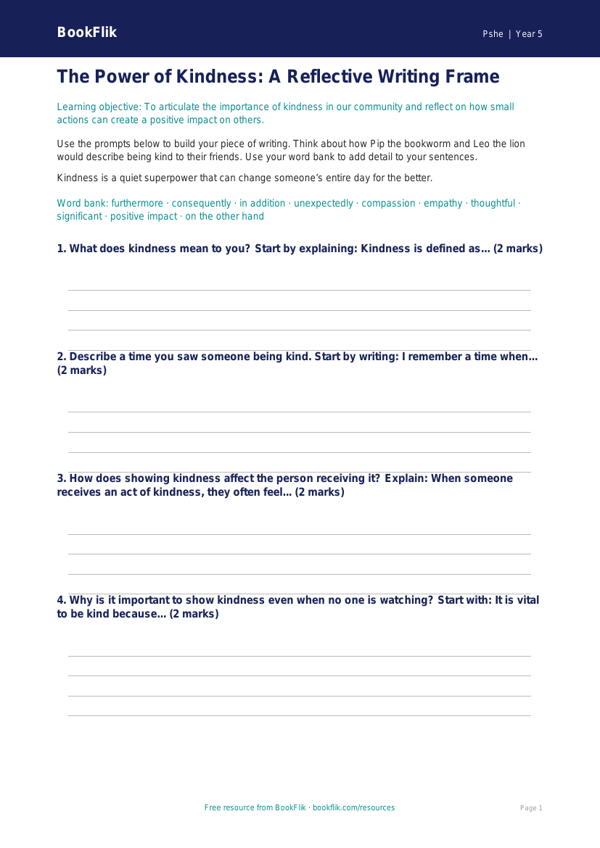 Free Kindness Writing Frame | Grade 4 | Health & Wellness | BookFlik worksheet preview — Pshe Kindness