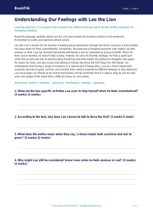 Free Mental Health Comprehension | Grade 3 | Health & Wellness | BookFlik worksheet preview — Pshe Mental Health