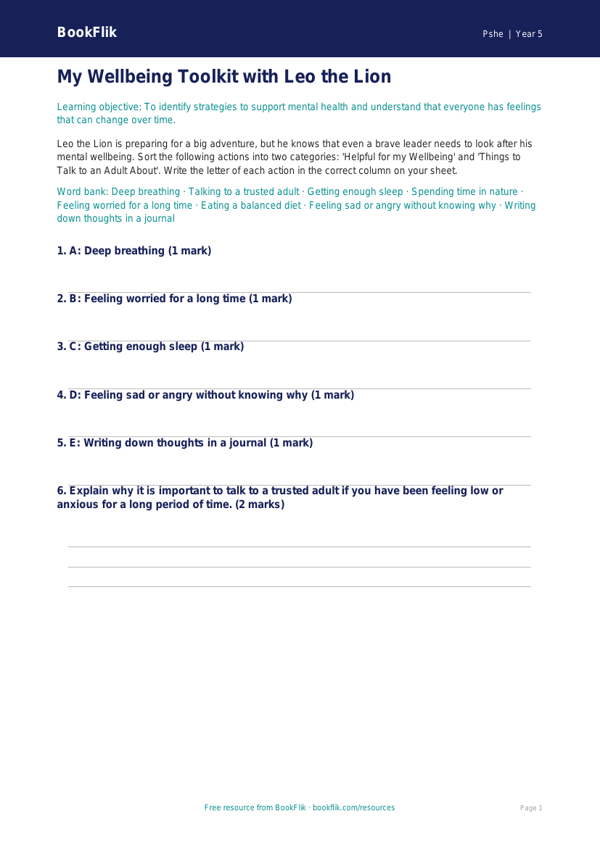 Free Mental Health Activity Sheet | Grade 4 | Health & Wellness | BookFlik worksheet preview — Pshe Mental Health