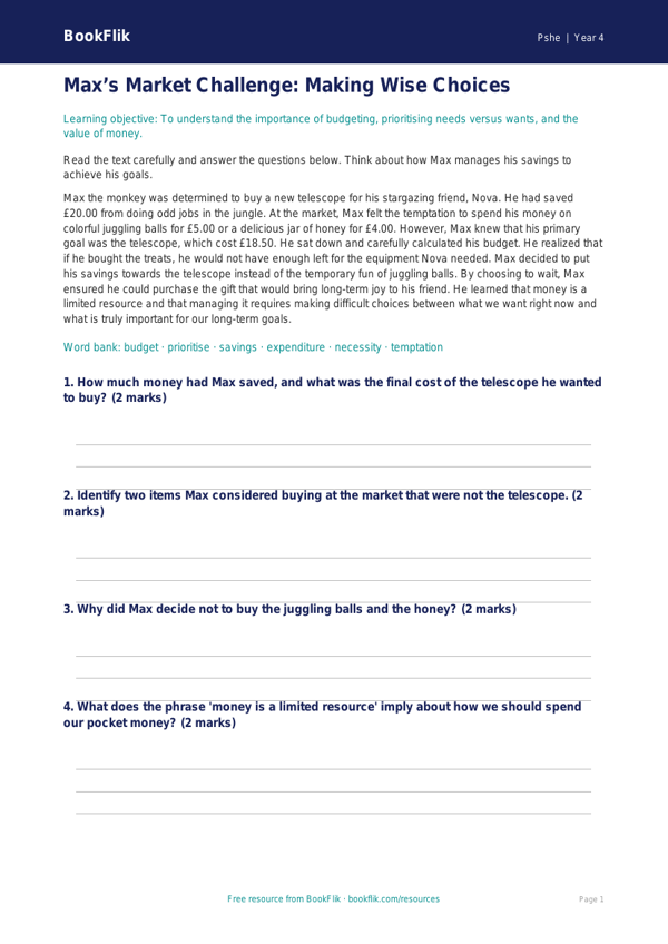 Free Money Comprehension | Grade 3 | Health & Wellness | BookFlik worksheet preview — Pshe Money