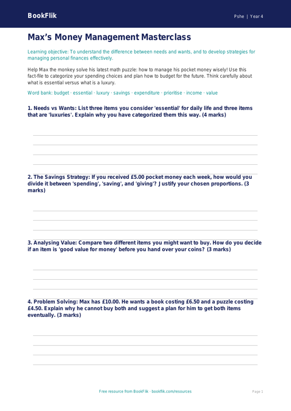 Free Money Template | Grade 3 | Health & Wellness | BookFlik worksheet preview — Pshe Money