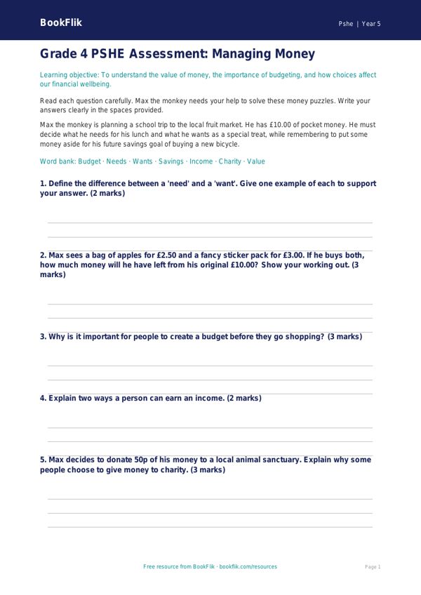 Free Money Assessment | Grade 4 | Health & Wellness | BookFlik worksheet preview — Pshe Money
