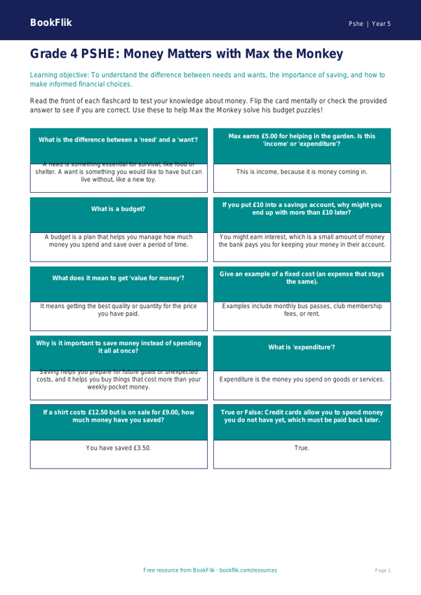 Money Math & Financial Literacy Flashcards | Grade 4 | BookFlik worksheet preview — Pshe Money