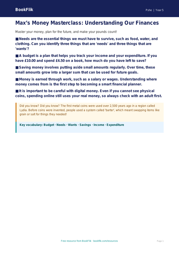 Free Money Poster | Grade 4 | Health & Wellness | BookFlik worksheet preview — Pshe Money