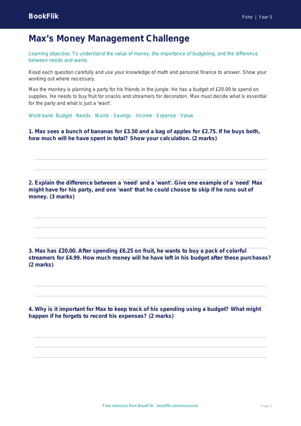 Free Money Worksheet | Grade 4 | Health & Wellness | BookFlik worksheet preview — Pshe Money