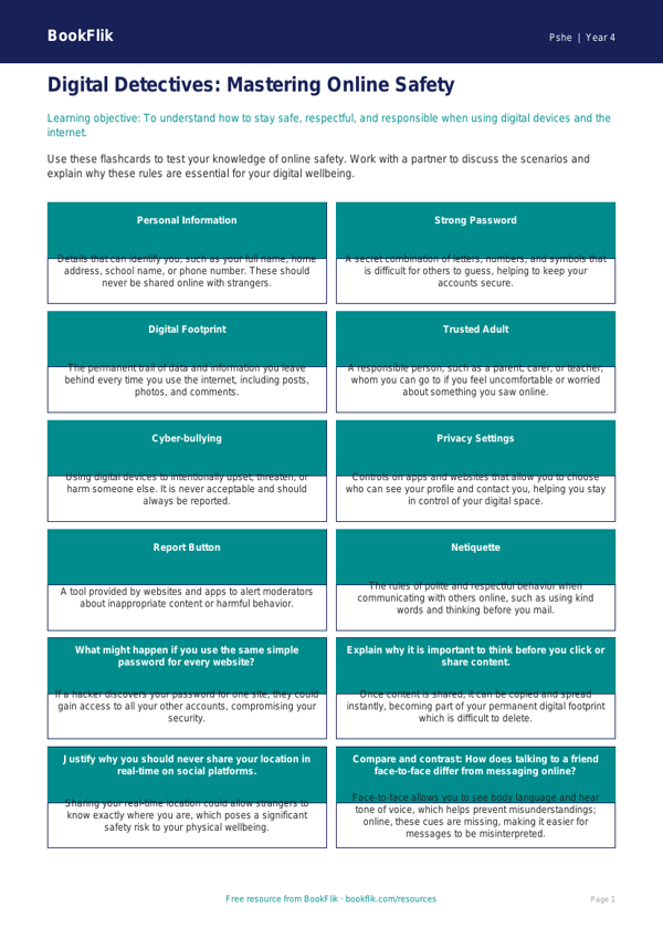 Free Online Safety Flashcards | Grade 3 | Health & Wellness | BookFlik worksheet preview — Pshe Online Safety