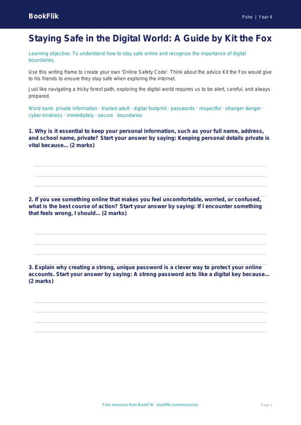 Free Online Safety Writing Frame | Grade 3 | Health & Wellness | BookFlik worksheet preview — Pshe Online Safety