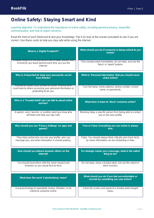 Free Online Safety Flashcards | Grade 4 | Health & Wellness | BookFlik worksheet preview — Pshe Online Safety