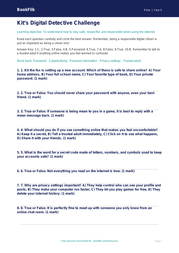 Free Online Safety Quiz | Grade 4 | Health & Wellness | BookFlik worksheet preview — Pshe Online Safety