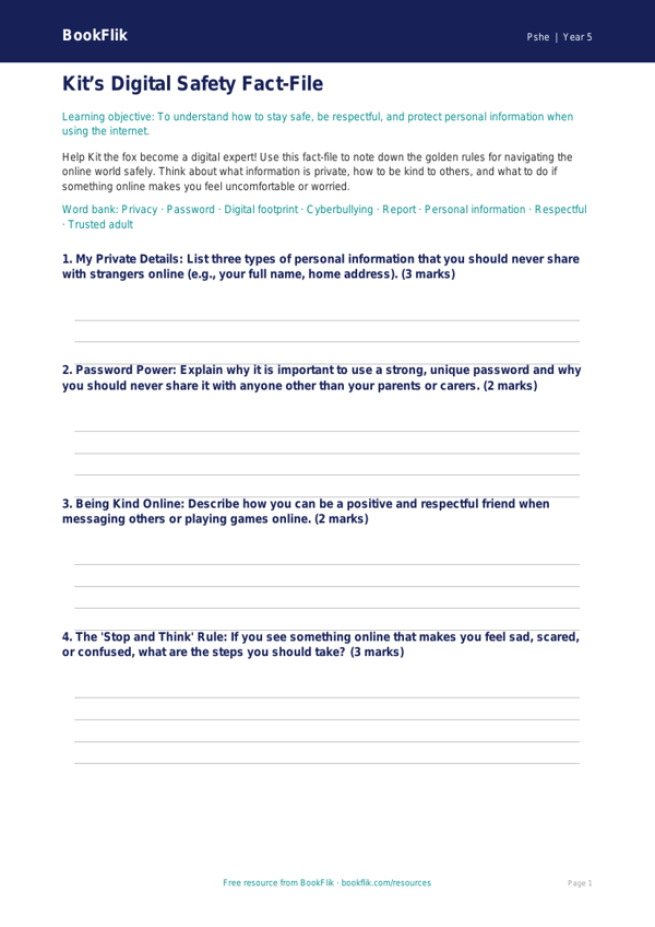 Online Safety Template for Grade 4 | Health & Wellness | BookFlik worksheet preview — Pshe Online Safety